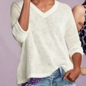 Cabi  Breeze Pullover White  Sweater Cotton Linen Blend Open Knit V Neck Sz S